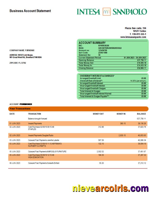 Intesa Sanpaolo Bank enterprise account statement
